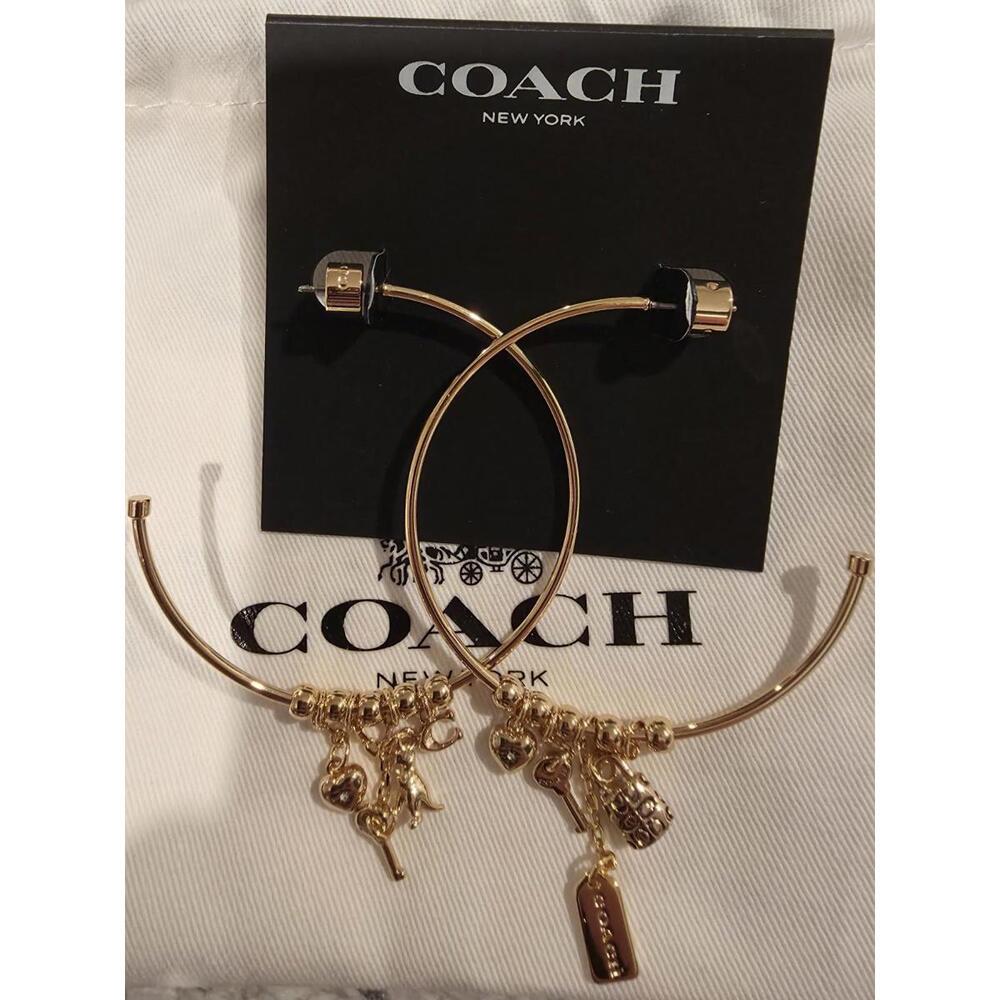 Coach Dangle Multi Charm Large Hoop Gold Tone NWT Authentic 127 MSRP - Picture 1 of 5